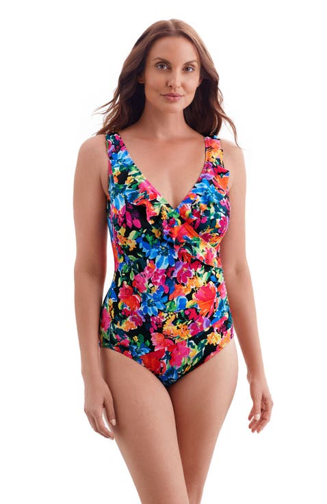 Ruffle Front Surplice Long Torso One-Piece Swimsuit