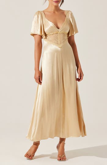 Astr The Label Aurelia Flutter Sleeve Lace & Satin Dress In Yellow