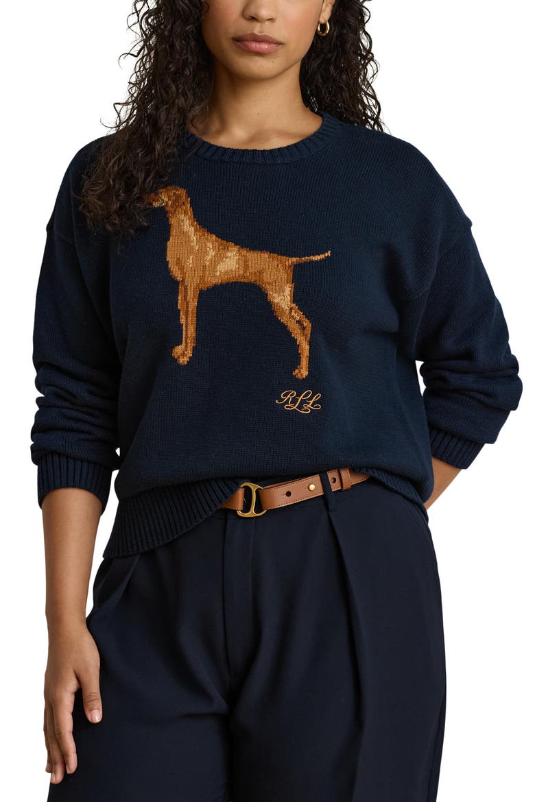 Pointer Dog Crewneck Sweater, Main, color, LAUREN NAVY BLUE/ MULTI