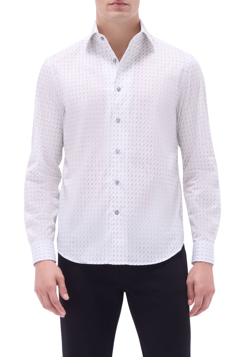 Axel Geo Print Shaped Fit Stretch Cotton Button-Up Shirt, Main, color, PLATINUM