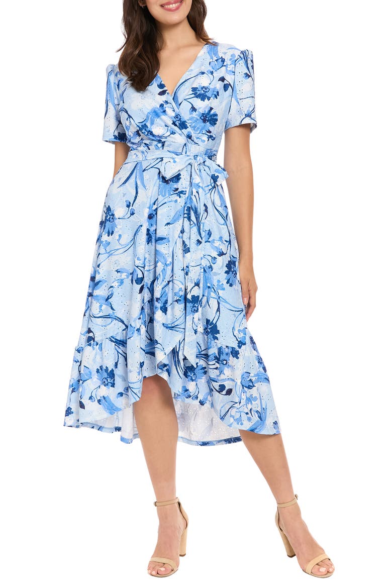 Floral Eyelet Faux Wrap Midi Dress, Main, color, LIGHT BLUE/ BLUE