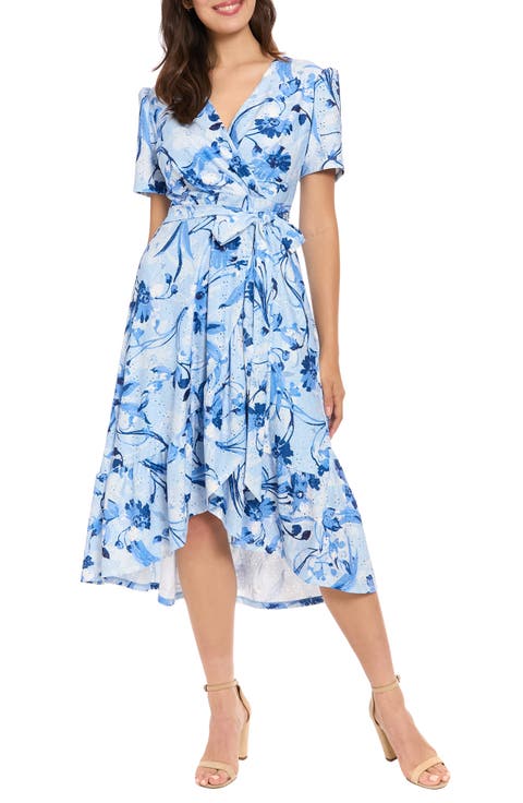 Floral Eyelet Faux Wrap Midi Dress
