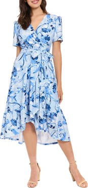 London Times Floral Eyelet Faux Wrap Midi Dress