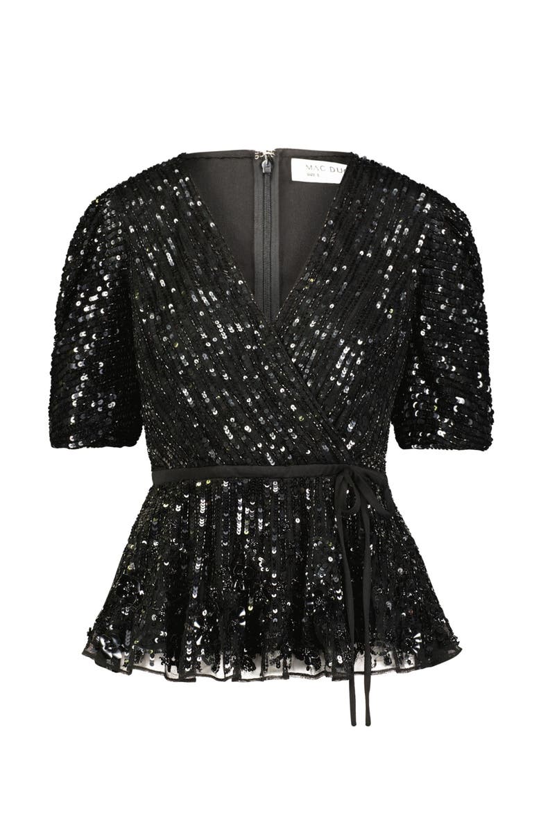 Mac Duggal Sequined Puff Sleeve Faux Wrap Top, Alternate, color, Black