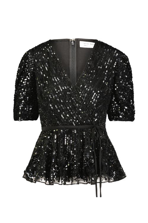 Mac Duggal Sequined Puff Sleeve Faux Wrap Top In Black