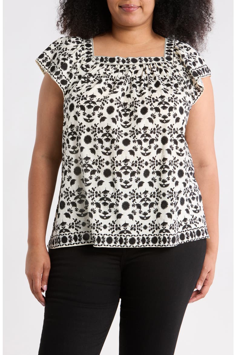 Square Neck Flutter Sleeve Top, Main, color, CREAM/ BLACK STITCH FLORAL