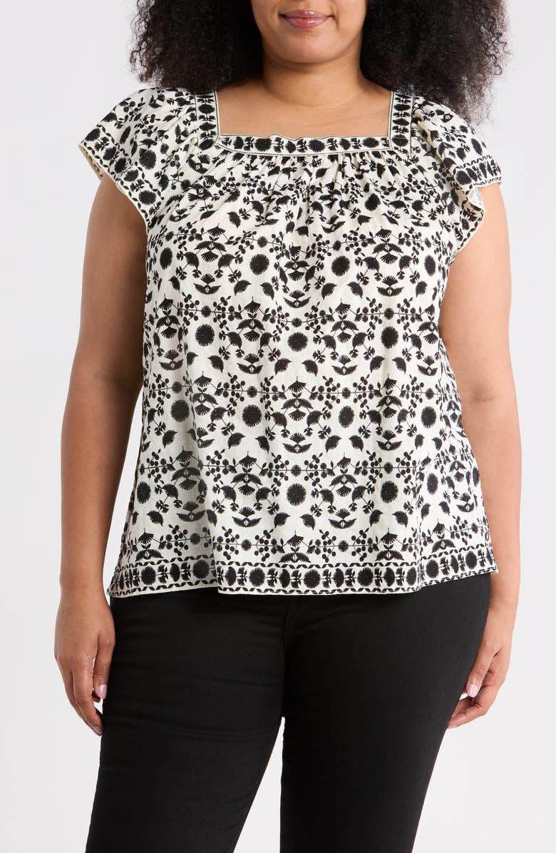 MAX STUDIO Square Neck Flutter Sleeve Top, Main, color, Cream/ Black Stitch Floral