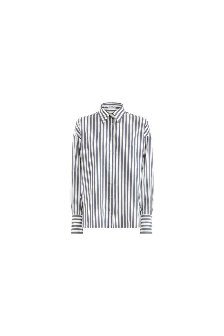 Wide stripe silk poplin shirt, Alternate, color, Denim