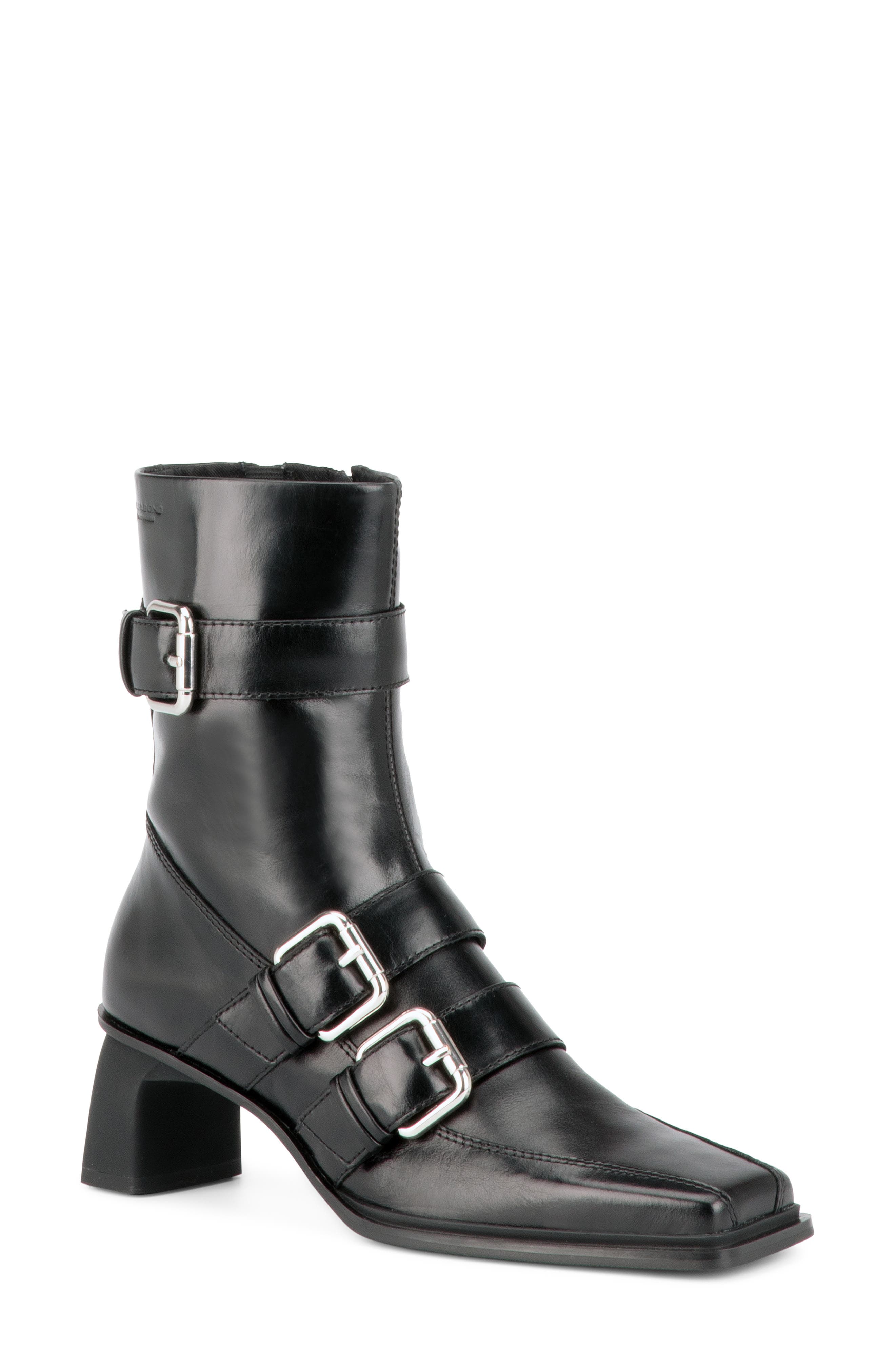 Elvina Buckle Leather Boot, Main, color, BLACK