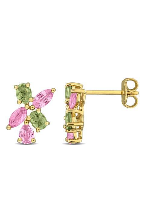 Pink and Green Sapphire Stud Earrings