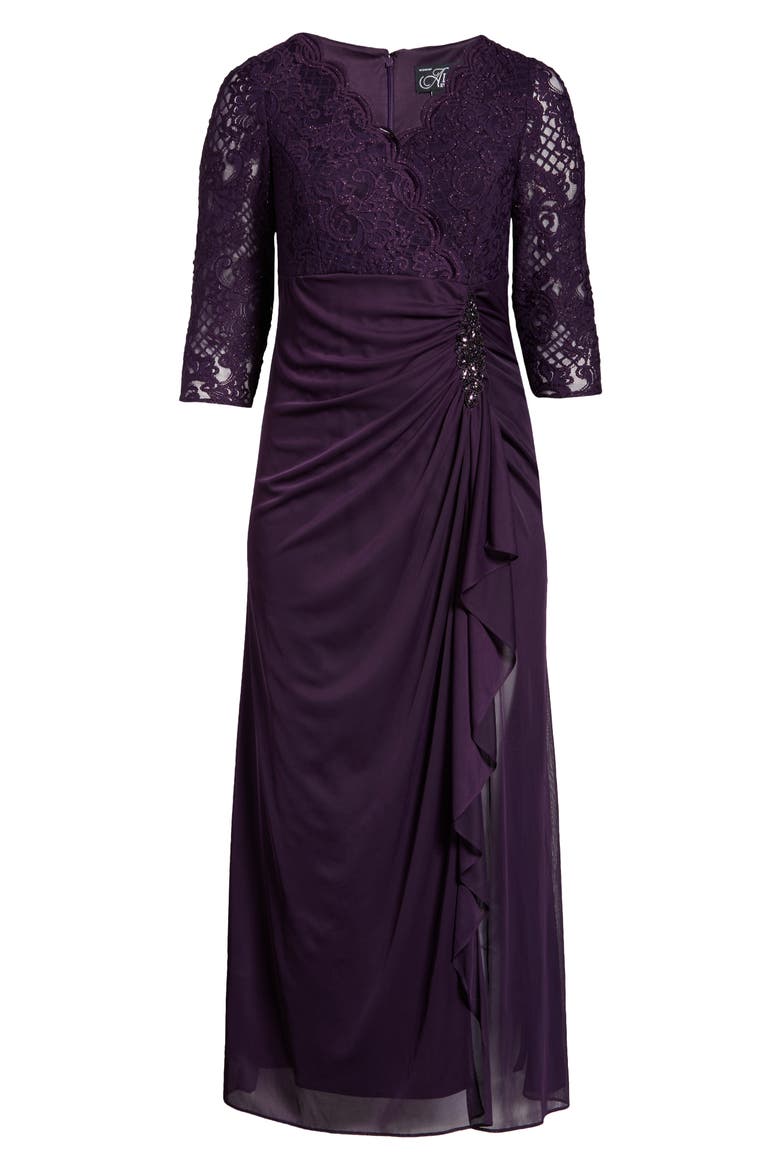 Beaded Lace Bodice Empire Waist Gown, Alternate, color, EGGPLANT