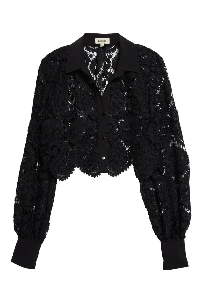 Odelia Allover Lace Crop Button-Up Shirt, Alternate, color, BLACK