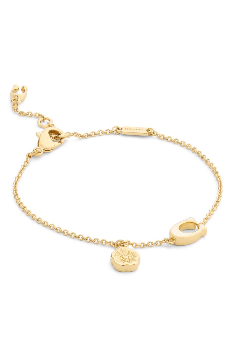 COACH Tea Rose & Sculpted C Charm Bracelet, Alternate, color, White/ Gold