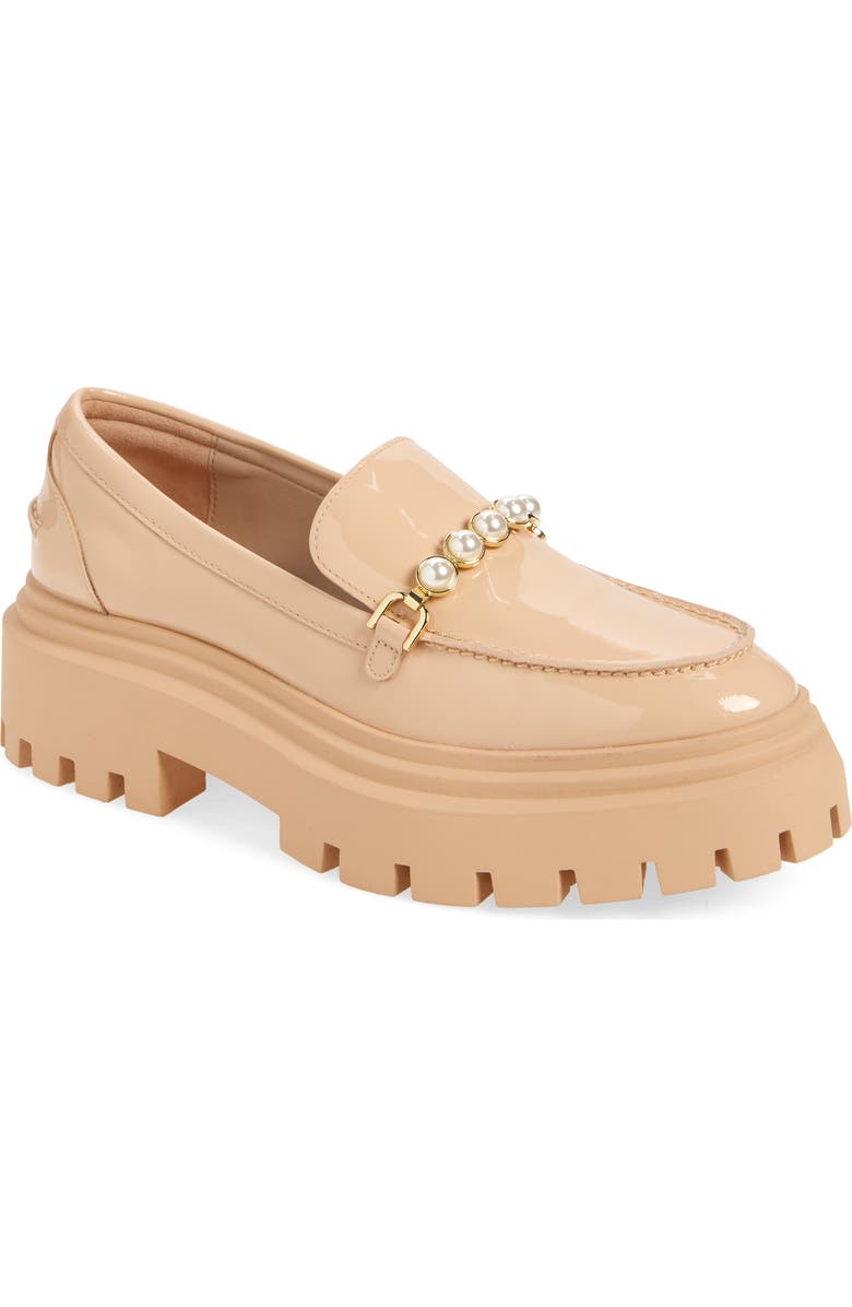 Stuart Weitzman Perla Imitation Pearl Lug Sole Loafer, Main, color, Golden Beige