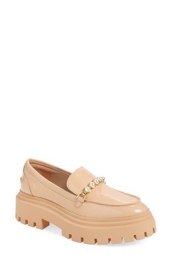 Stuart Weitzman Perla Imitation Pearl Lug Sole Loafer In Golden Beige
