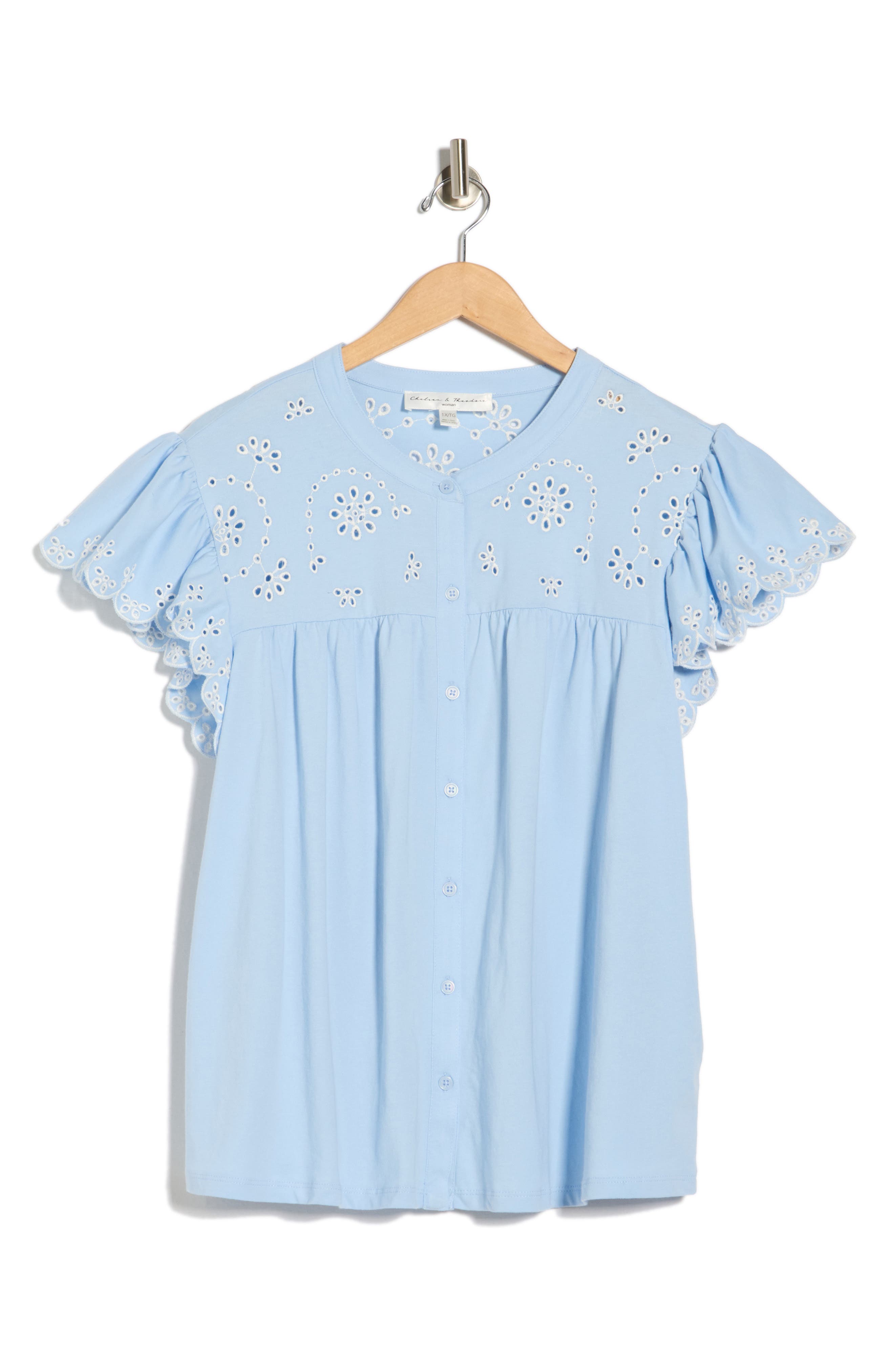 CHELSEA AND THEODORE Eyelet Embroidery Flutter Sleeve Top