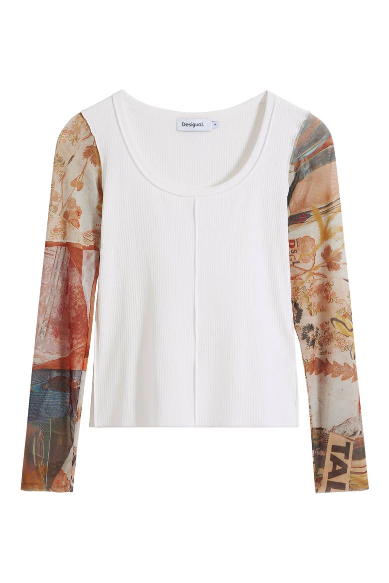 Mesh Sleeve Scoop Neck Rib Top, Alternate, color, LIGHT BEIGE