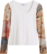 Desigual Mesh Sleeve Scoop Neck Rib Top