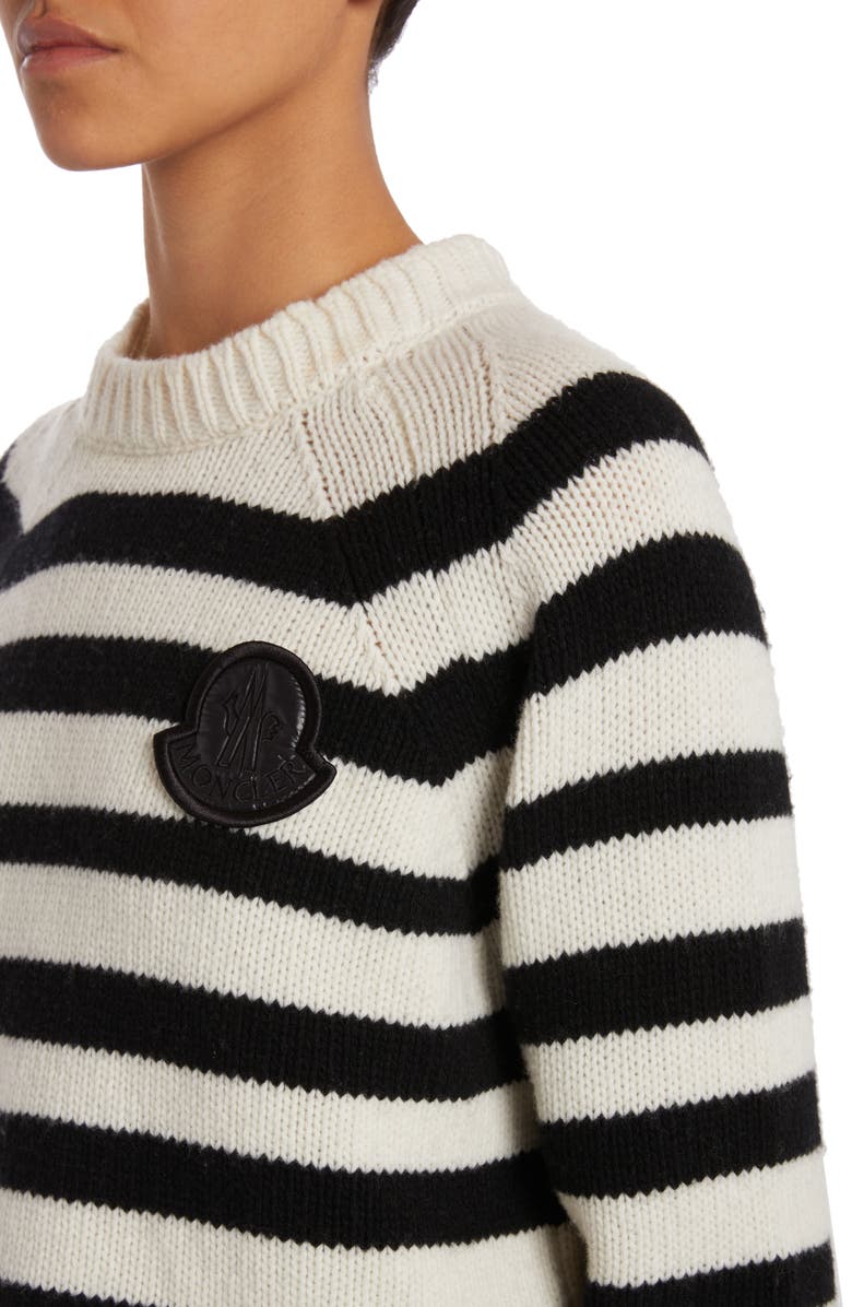 Moncler Stripe Logo Patch Wool Sweater, Alternate, color,