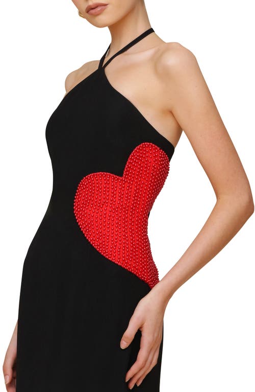 Avec Les Filles Heart Appliqué Halter Midi Dress In Black Red