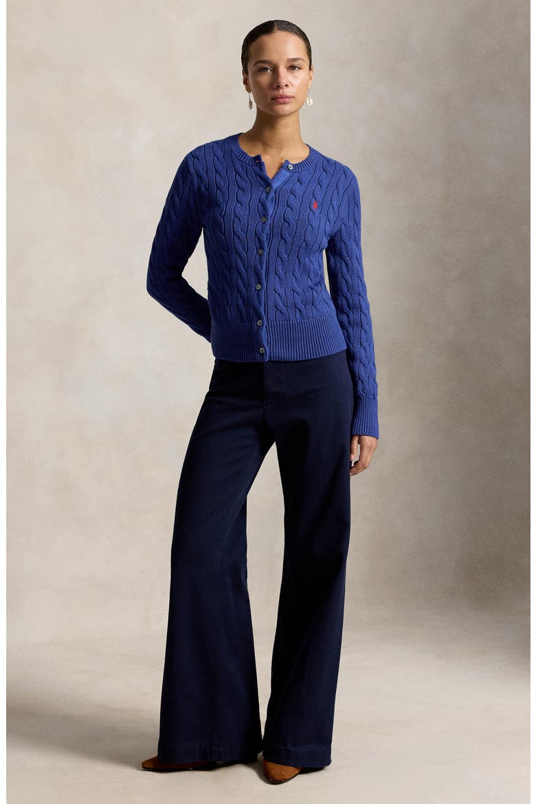 Cable Knit Cotton Crewneck Cardigan, Alternate, color, CHARTER BLUE