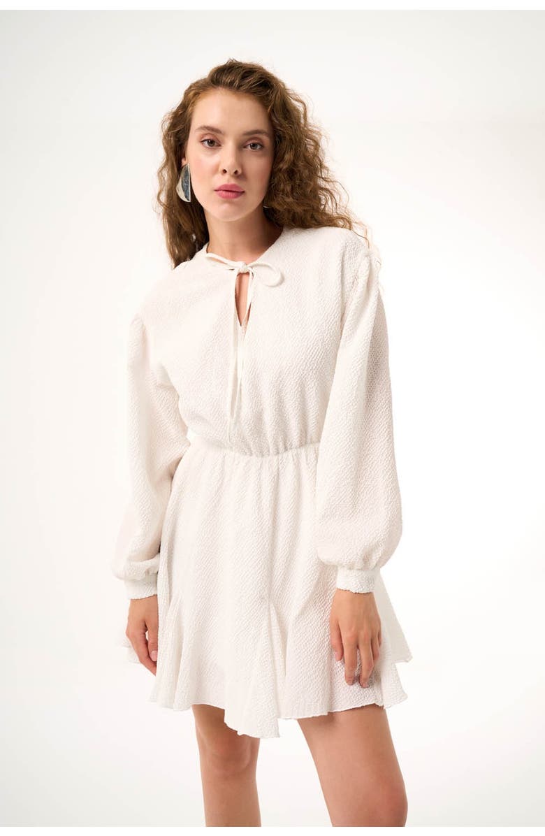 Mizalle Collar Tied Smocked Dress - Ecru, Main, color, Ecru