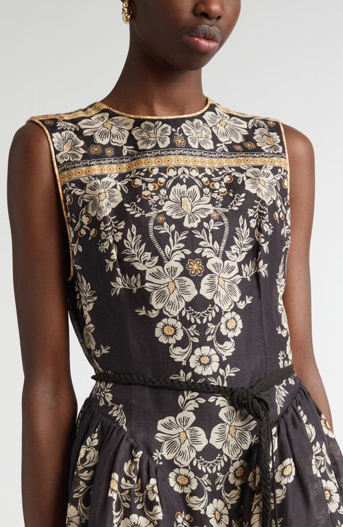 Shop Zimmermann Balance Belted Linen & Silk Fit & Flare Dress In Black Stamp