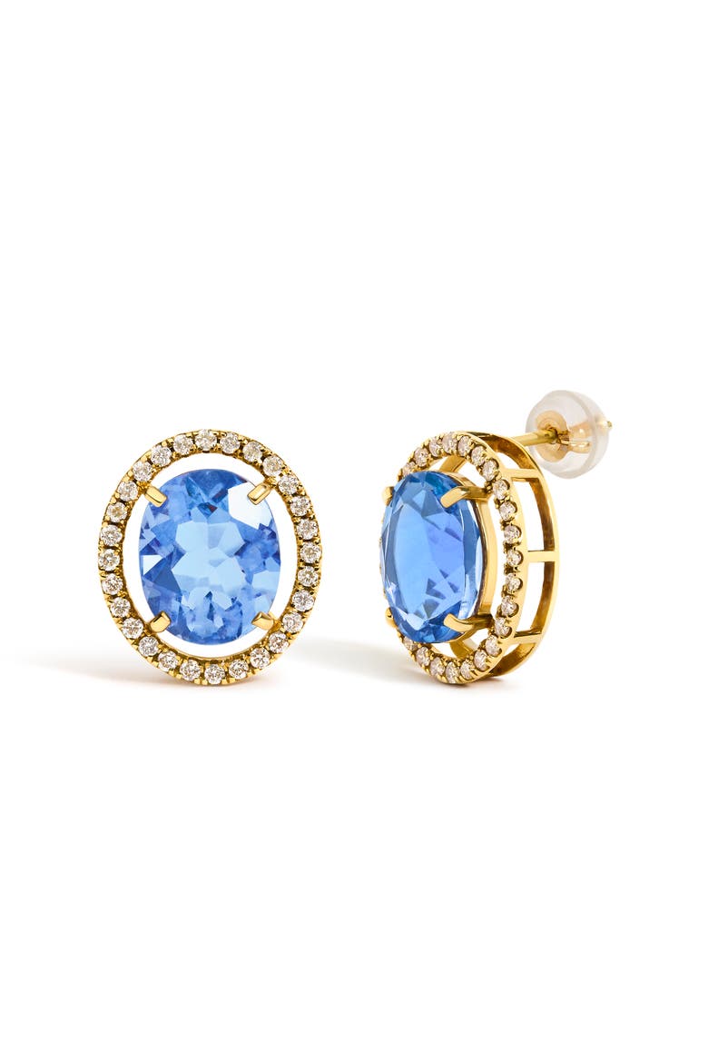 18K Yellow Gold 8X10 MM Blue Fluorite Oval and 1/2 Cttw Diamond Halo Stud Earrings, Alternate, color, Yellow Gold