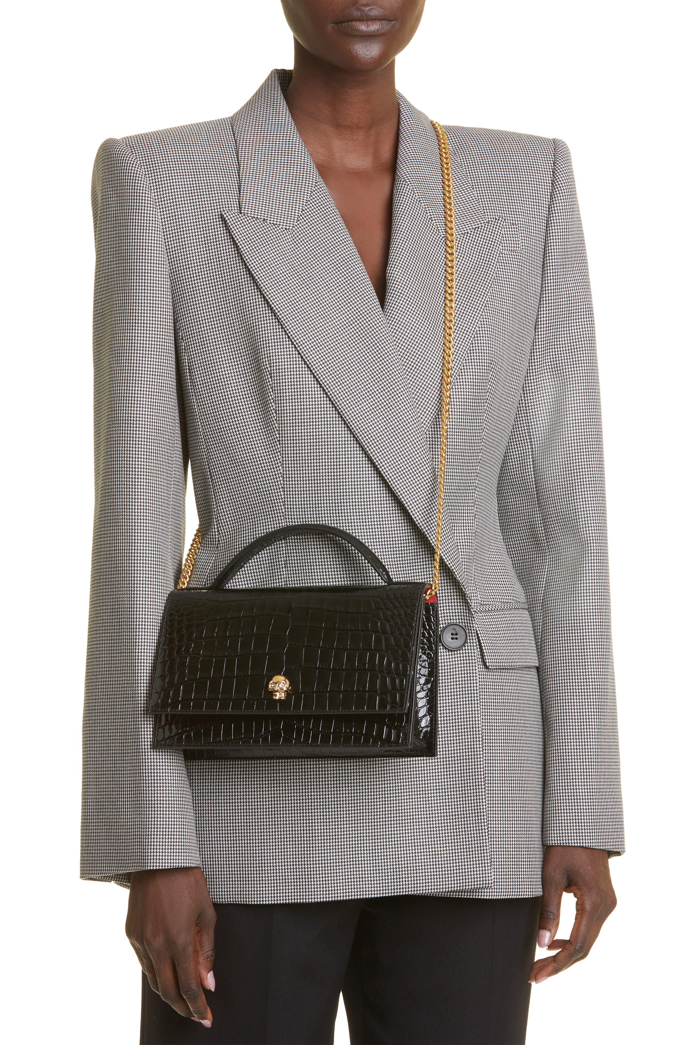 McQueen Medium Skull Croc Embossed Leather Crossbody Bag, Alternate, color, 1000 Black