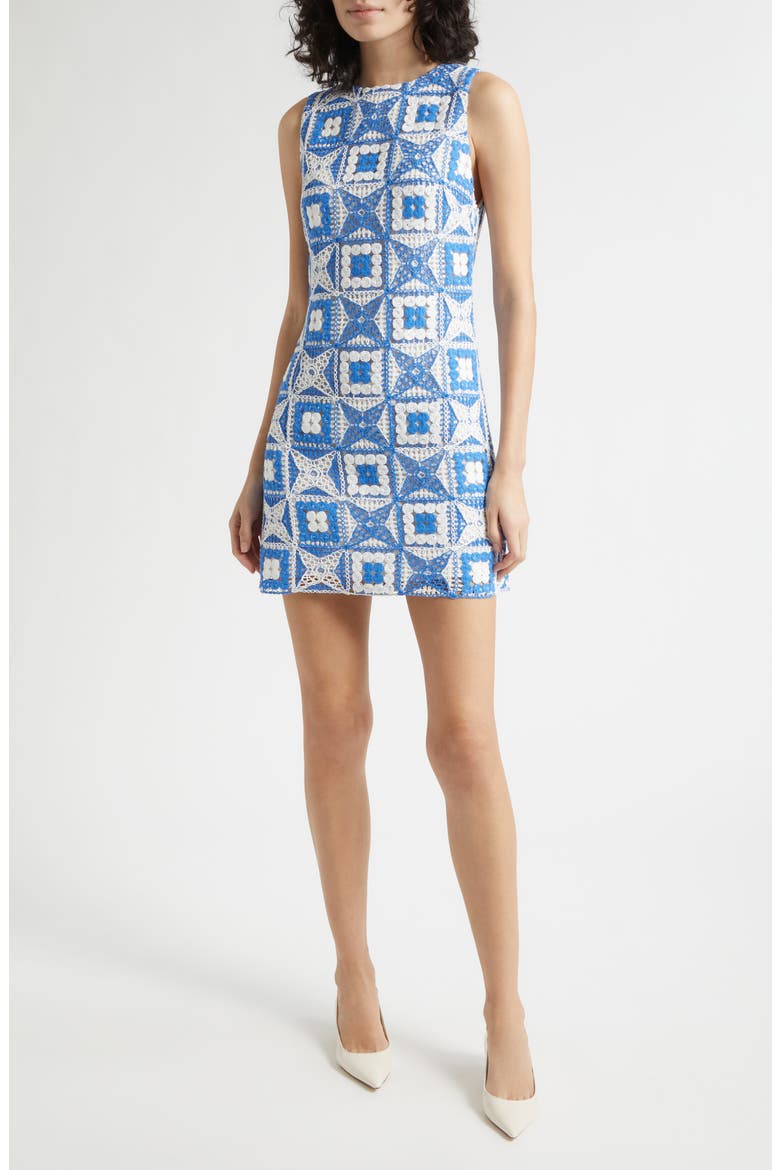 Clyde Embroidered Patchwork Sleeveless Shift Dress, Main, color, BLUE IRIS/ OFF WHITE