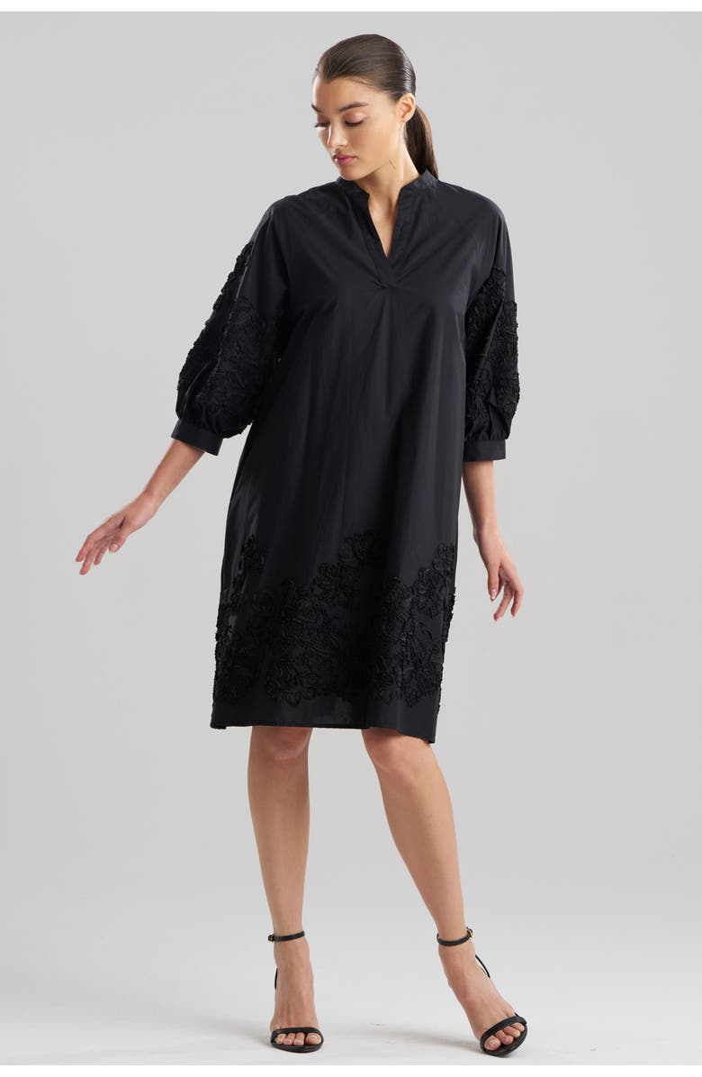 N Natori Carnation Embroidery - Cotton Voile Puff Sleeve Peasant Dress, Main, color, Black