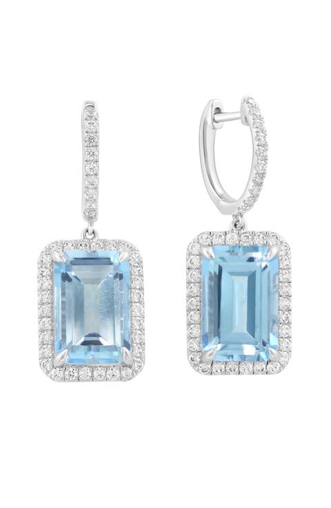 Sterling Silver Blue Topaz & Zircon Drop Huggie Hoop Earrings