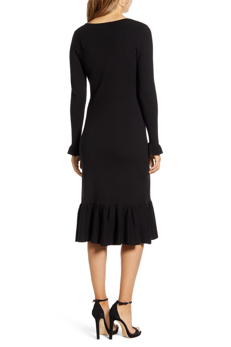 Ruffle Trim Sweater Dress, Alternate, color, BLACK
