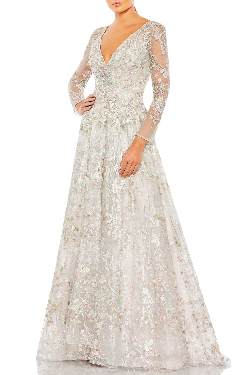 Mac Duggal Embellished Wrap Over Illusion Long Sleeve A Line Gown, Main, color, Pastel Multi