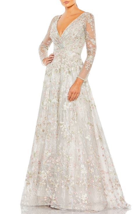 Embellished Wrap Over Illusion Long Sleeve A Line Gown