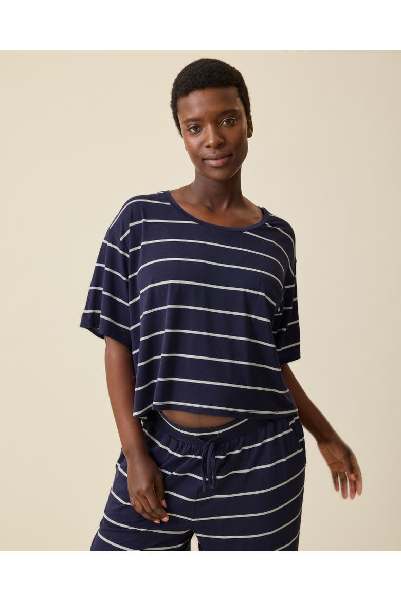 Aria Casual Cropped Short Sleeve Top, Alternate, color, Navy White Stripe