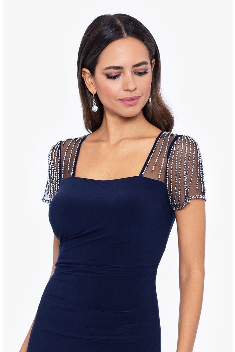 Faraj Rhinestone Sleeve Detail Column Gown, Alternate, color, NAVY/ SILVER
