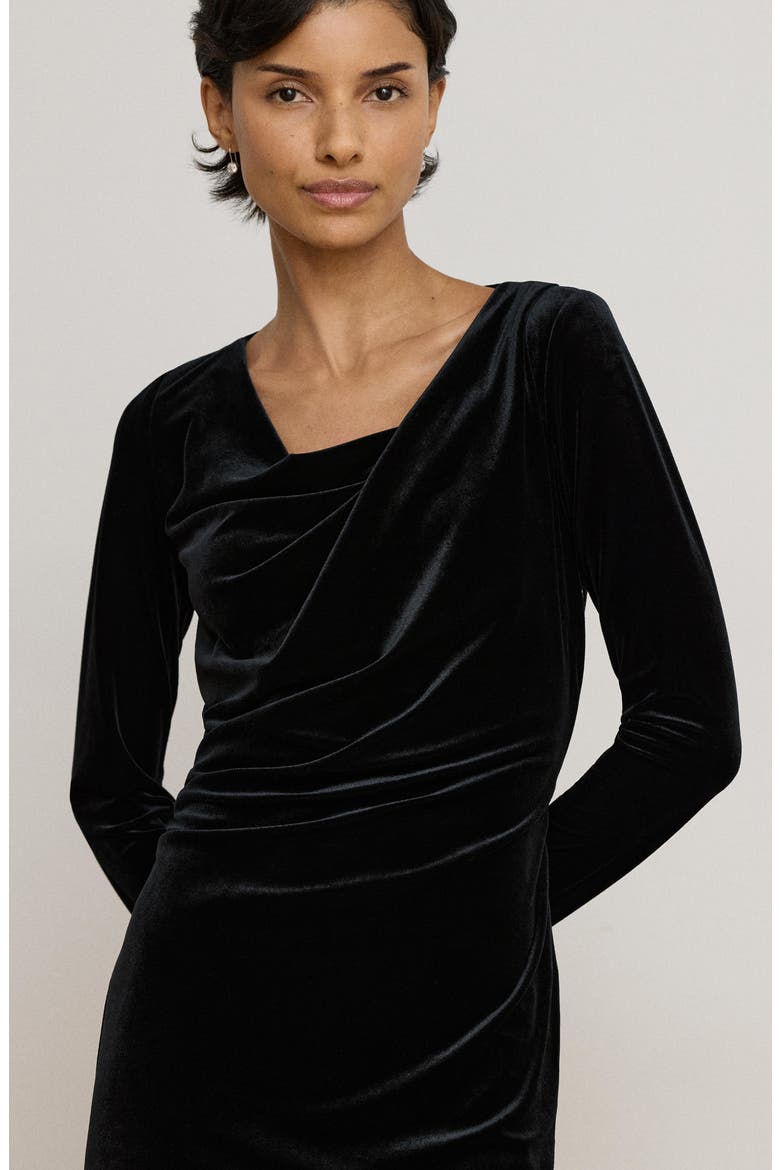 Draped Neck Long Sleeve Velvet Sheath Dress, Alternate, color, BLACK VELVET