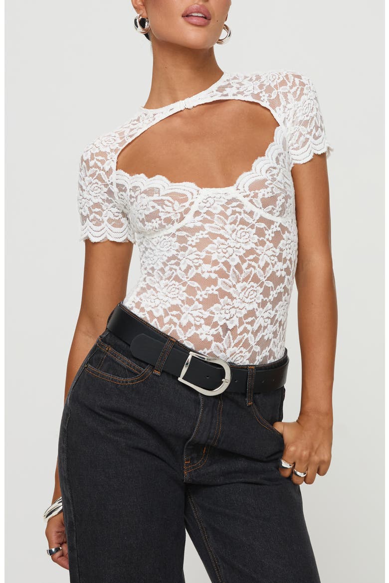 Giallo Cutout Lace Bodysuit, Main, color, WHITE