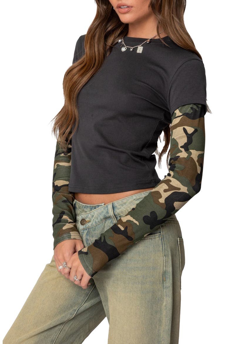 Camo Layered Long Sleeve Crop T-Shirt, Alternate, color, DARK-GRAY
