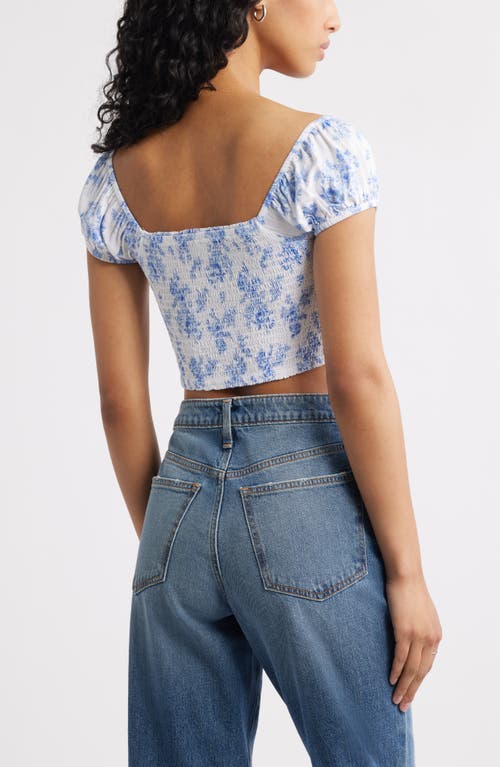 Bp. Smocked Crop Top In White- Blue Summer Toile