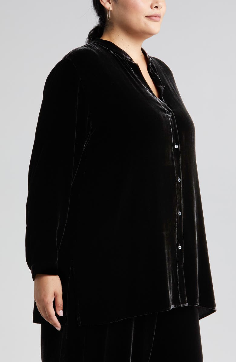 Eileen Fisher Band Collar Velvet Longline Button-Up Shirt, Alternate, color, 