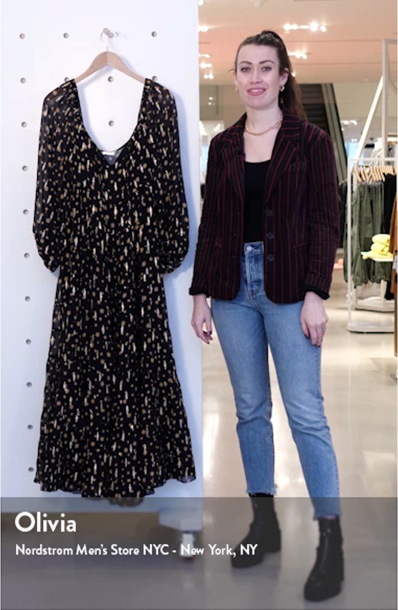 Cameron Star Print Long Sleeve Metallic Silk Maxi Dress, sales video thumbnail