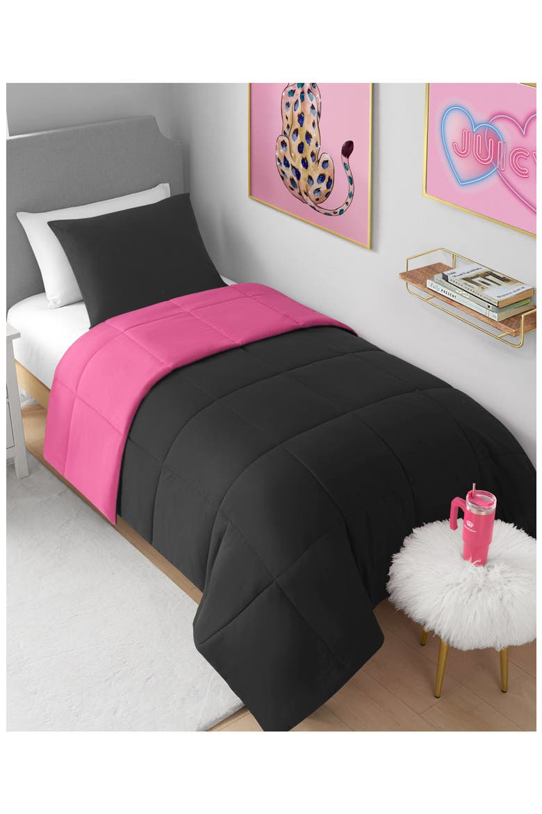 Reversible Box Stitch Comforter & Sham Set, Alternate, color, BLACK/ HOT PINK