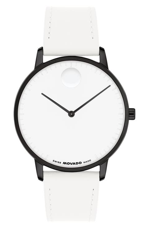 Face Leather Strap Watch, 39mm