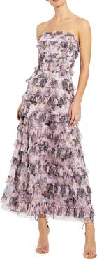 Mac Duggal Strapless Floral Micro Ruffle Dress