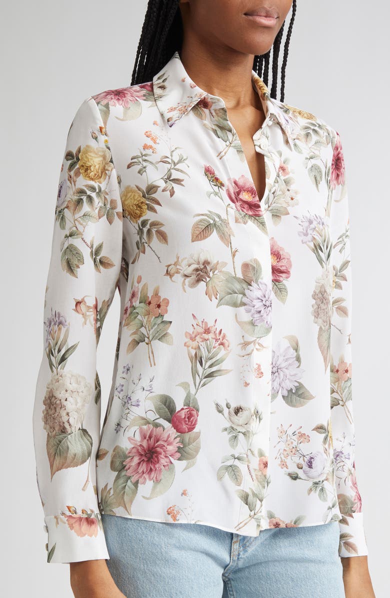 Alice + Olivia Willa Floral Silk Button-Up Shirt, Alternate, color, 