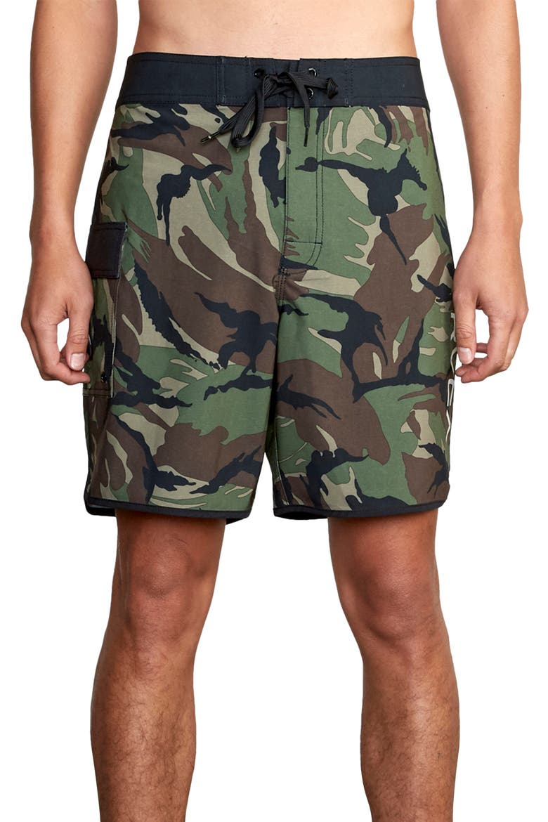'Eastern' Scalloped Hem Board Shorts, Main, color, GREEN CAMO