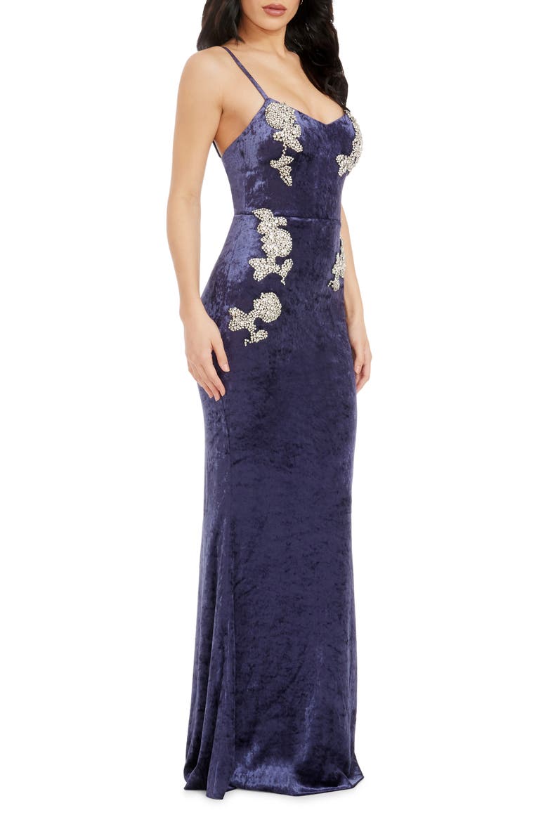 Giovanna Crystal Detail Velvet Mermaid Gown, Alternate, color, NAVY