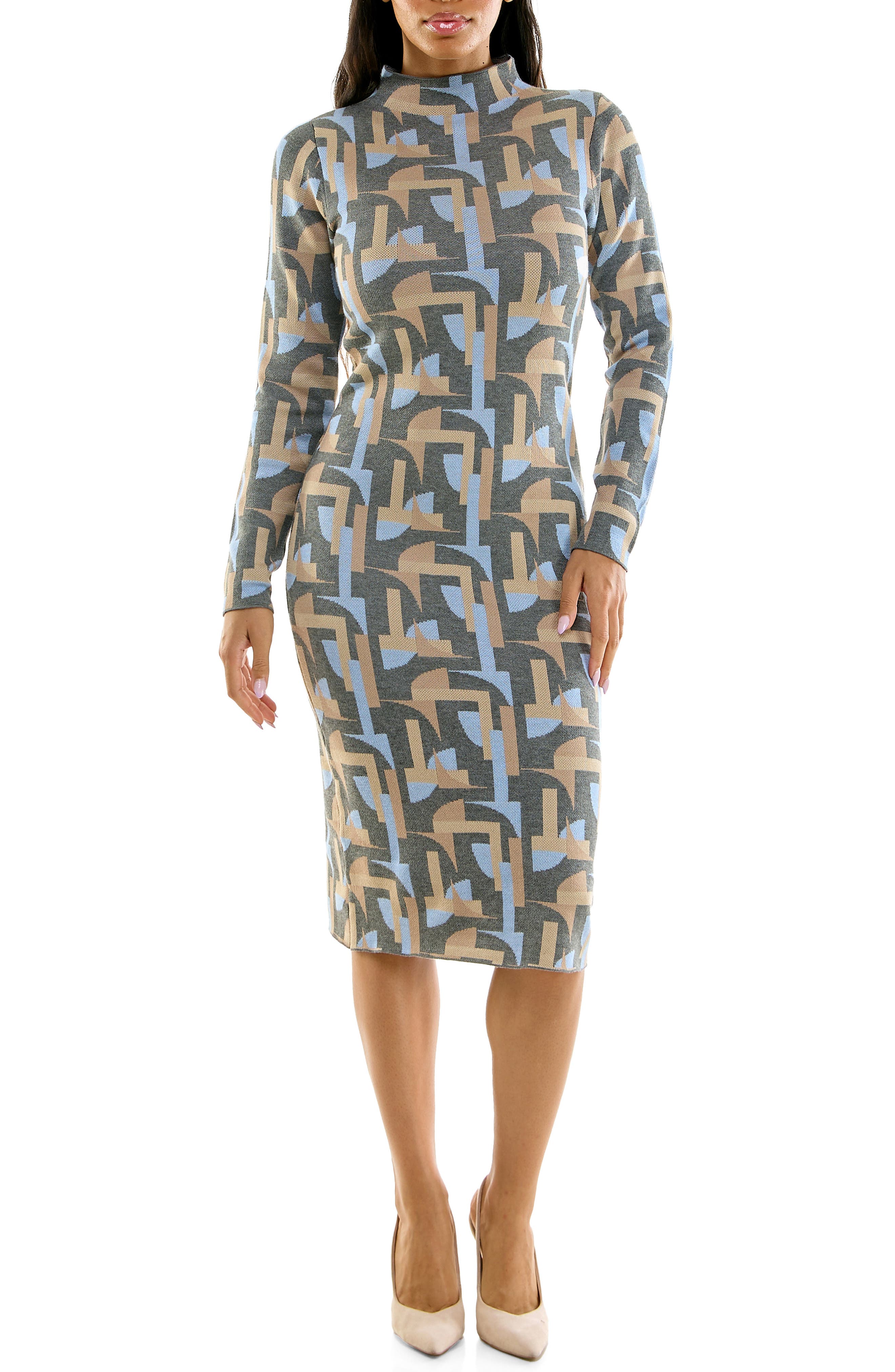 Mock Neck Jacquard Sheath Sweater Dress